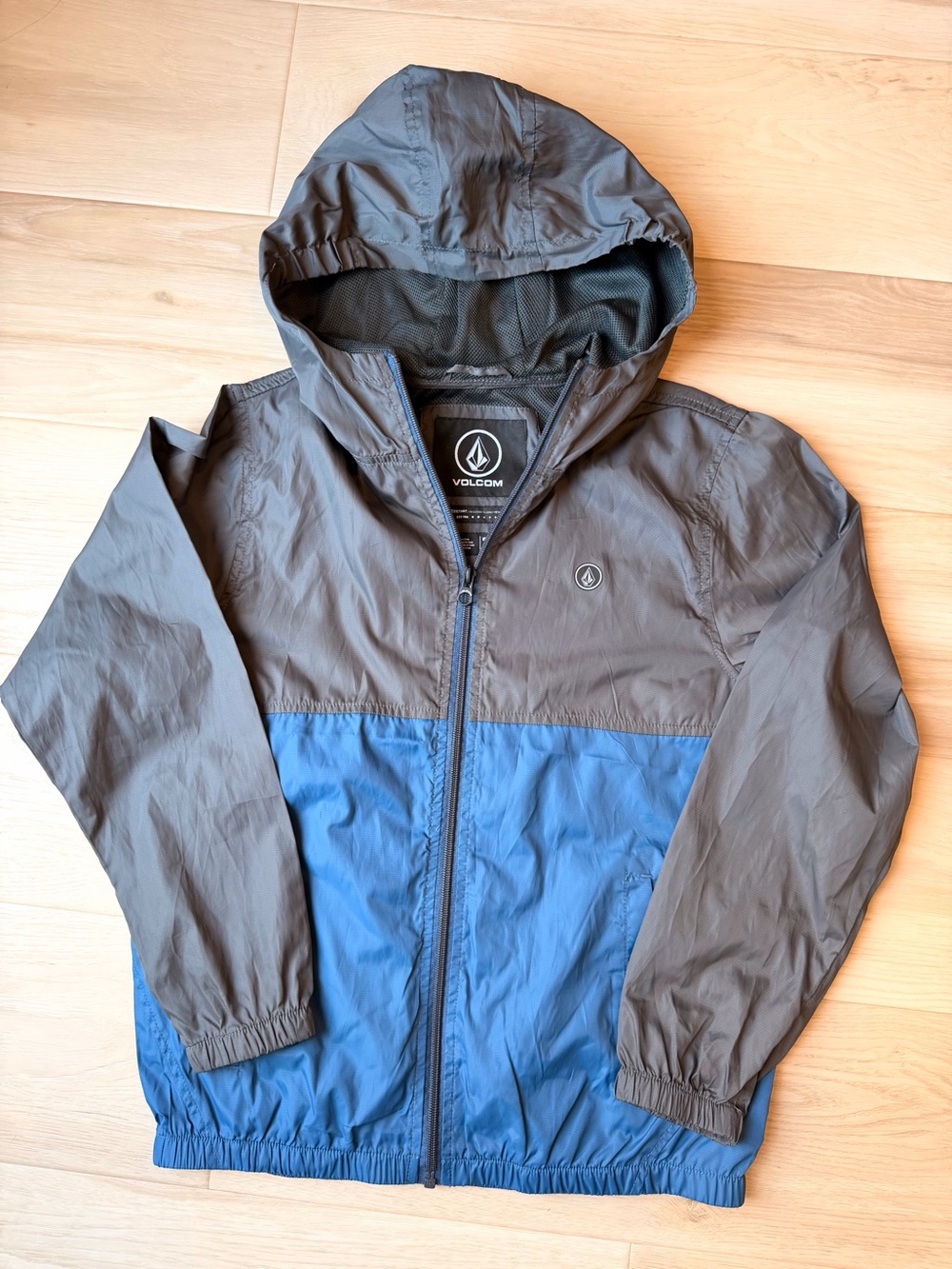 Volcom Boys Phase 91 Hooded Windbreaker Jacket Grey Blue Size M